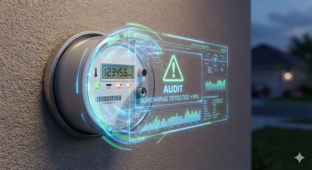 A smart residential utility meter with a holographic digital audit overlay detecting a +18% price surcharge.